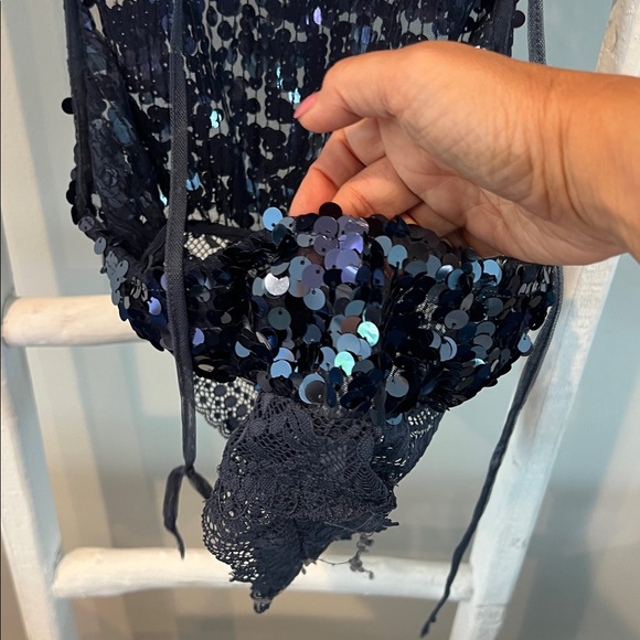 Free people Melrose sequin n lace nwt holiday backless midnight blue bodysuit M - Picture 12 of 14